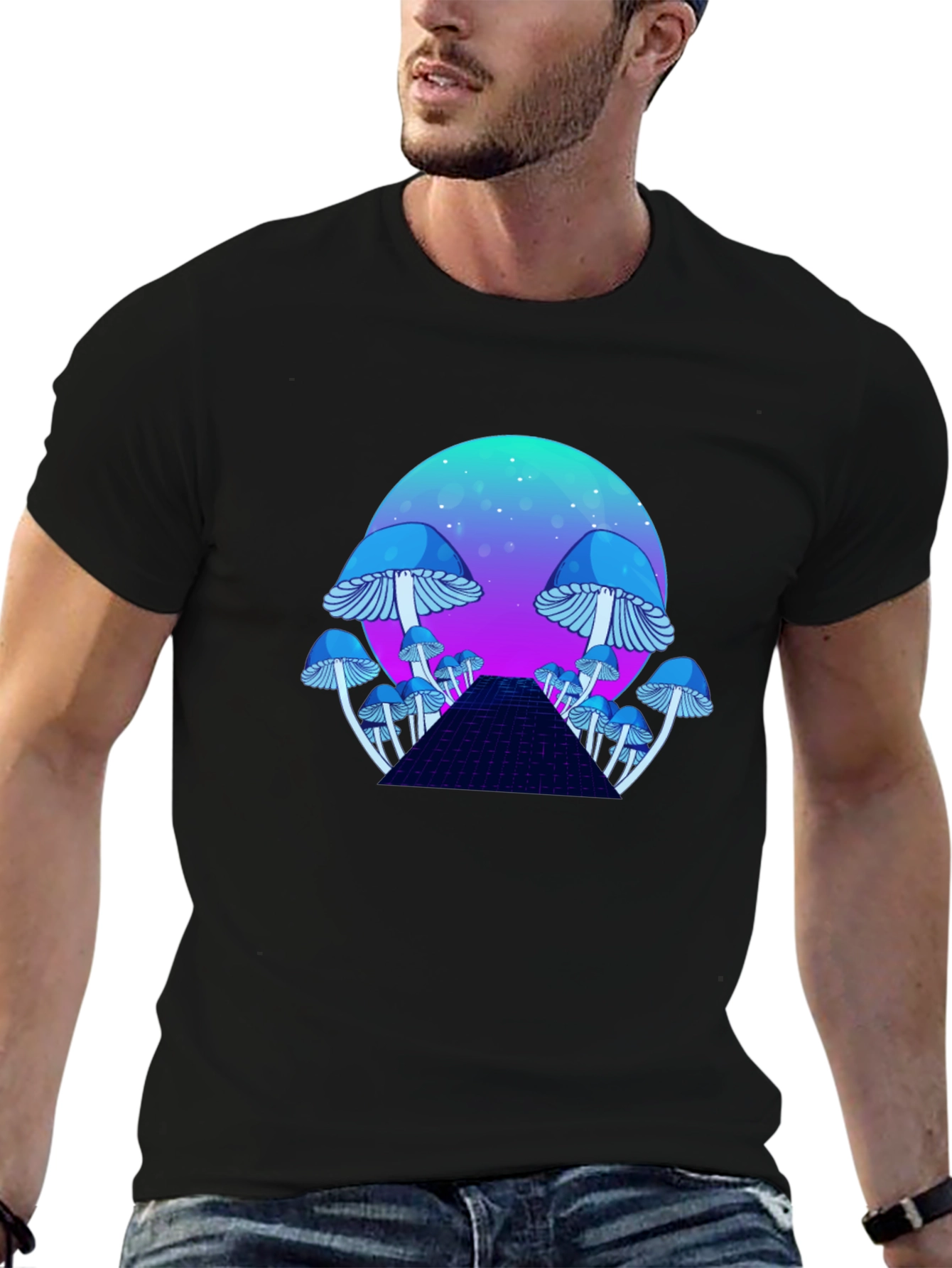 Black Mushroom Galaxy T-Shirt - Retro Synthwave Design view 6