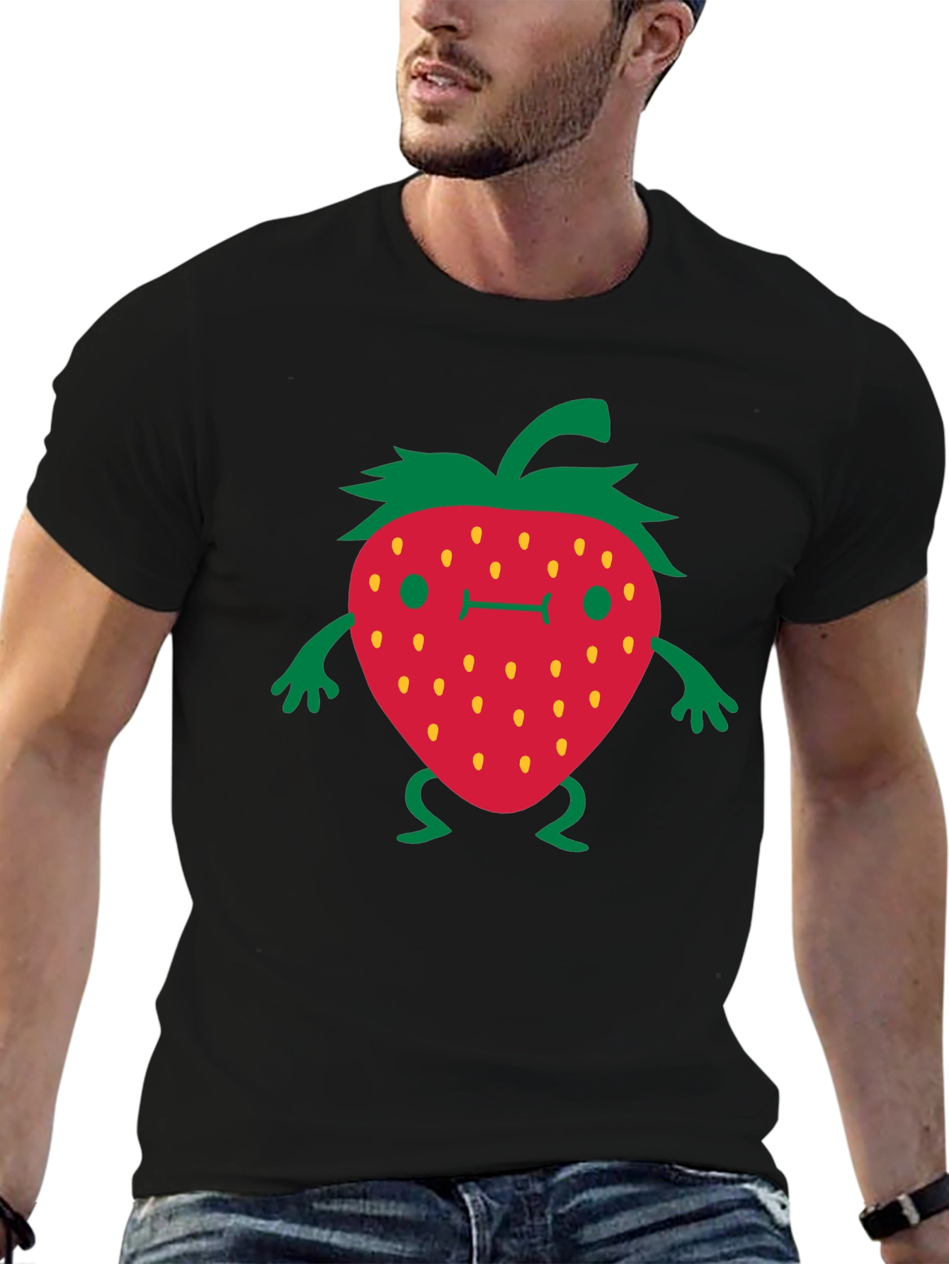 Black Funny Strawberry Cartoon Black T-Shirt view 6