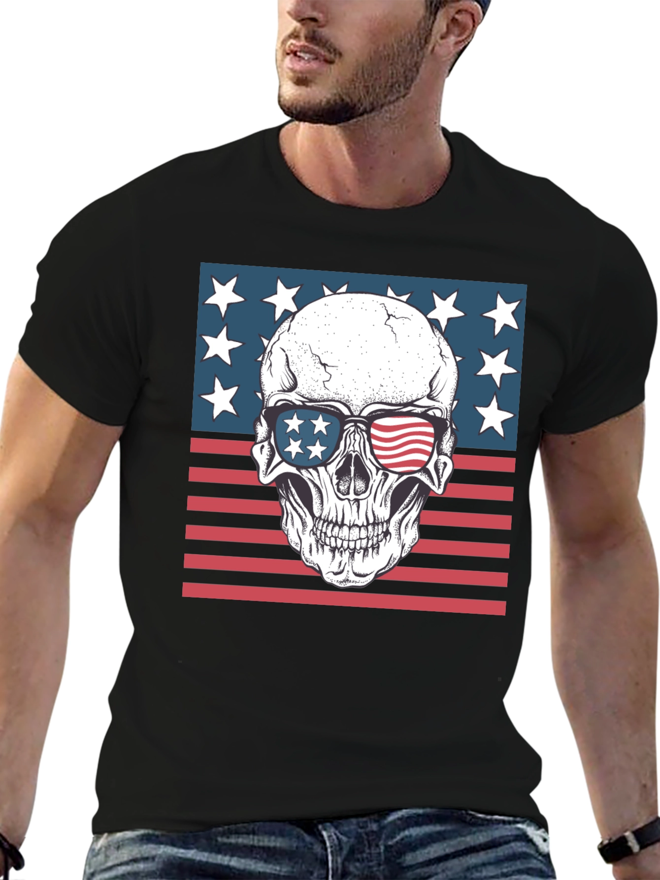 Black American Flag Skull Graphic Tee - Patriotic Style view 6