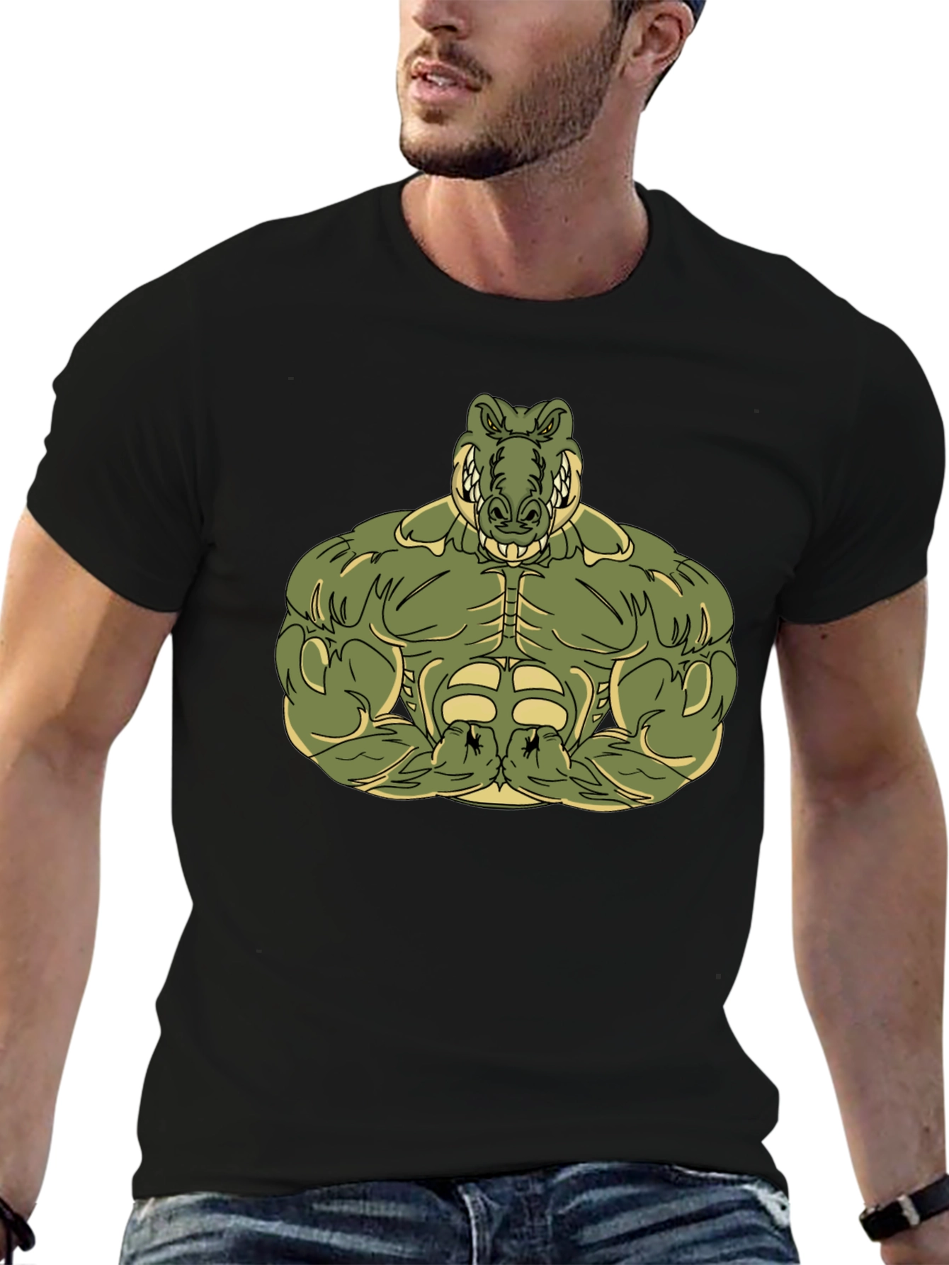 Black Muscle Alligator Graphic Tee - Black Cotton T-Shirt view 6