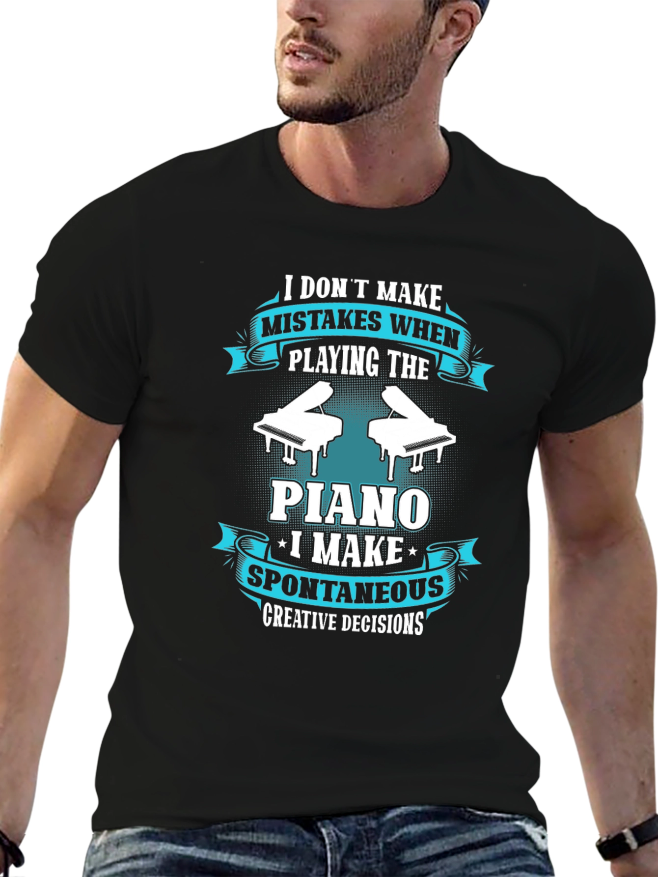 Black Funny Piano Player T-Shirt - Spontaneous Creative Decisions view 6
