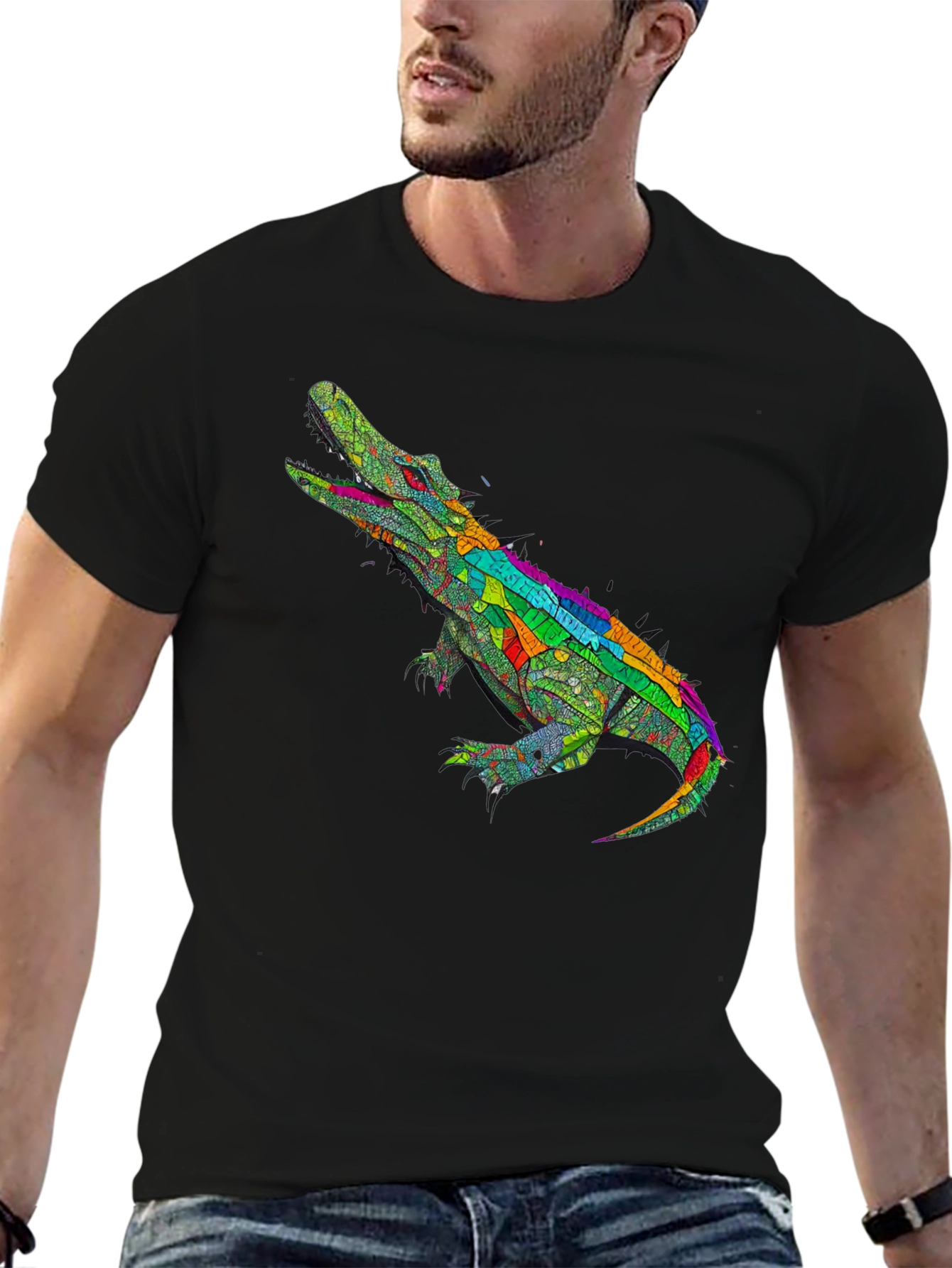 Black Colorful Crocodile Graphic Tee - Black Cotton T-Shirt view 6