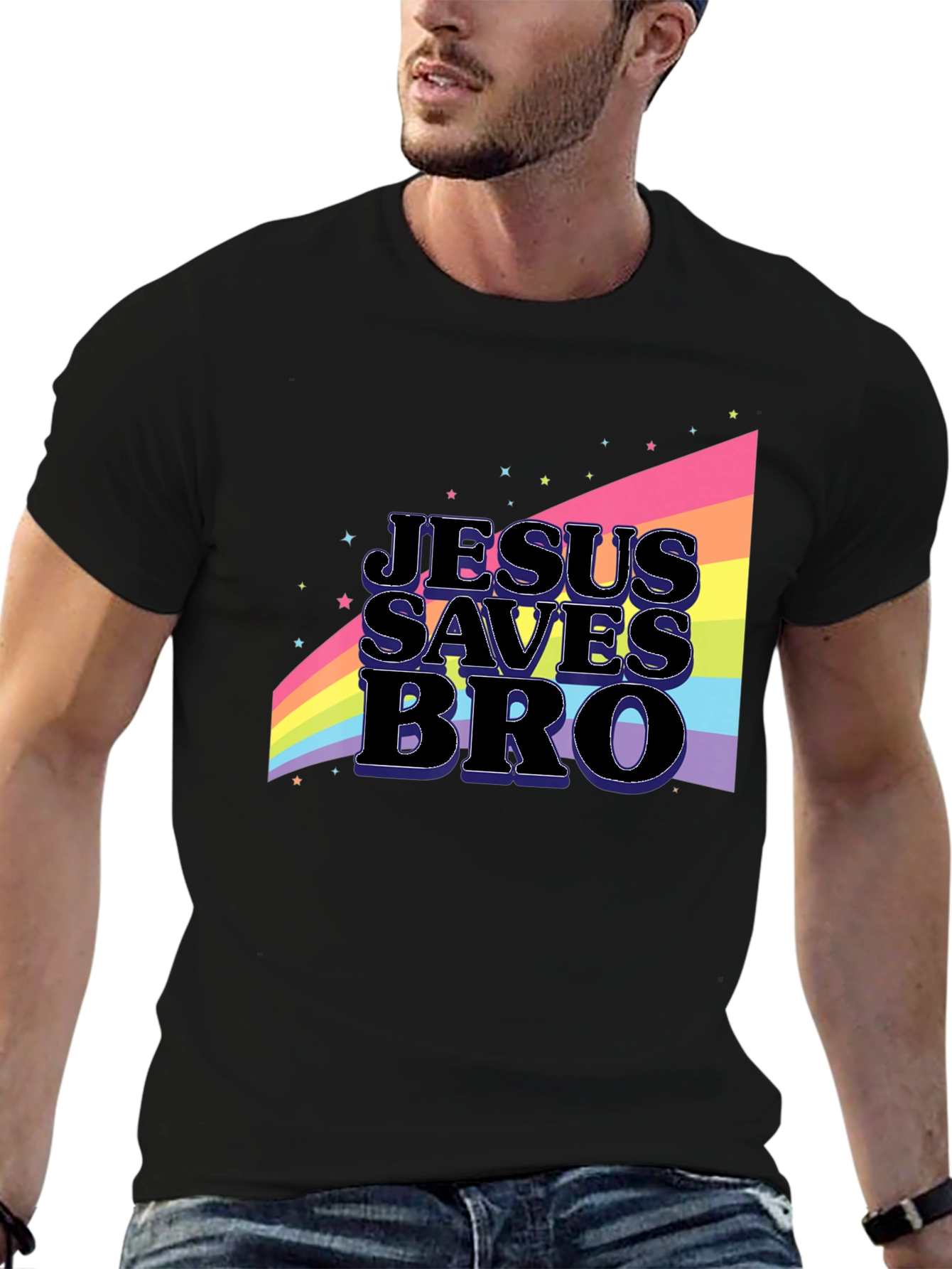 Black Jesus Saves Bro Rainbow Graphic T-Shirt view 6