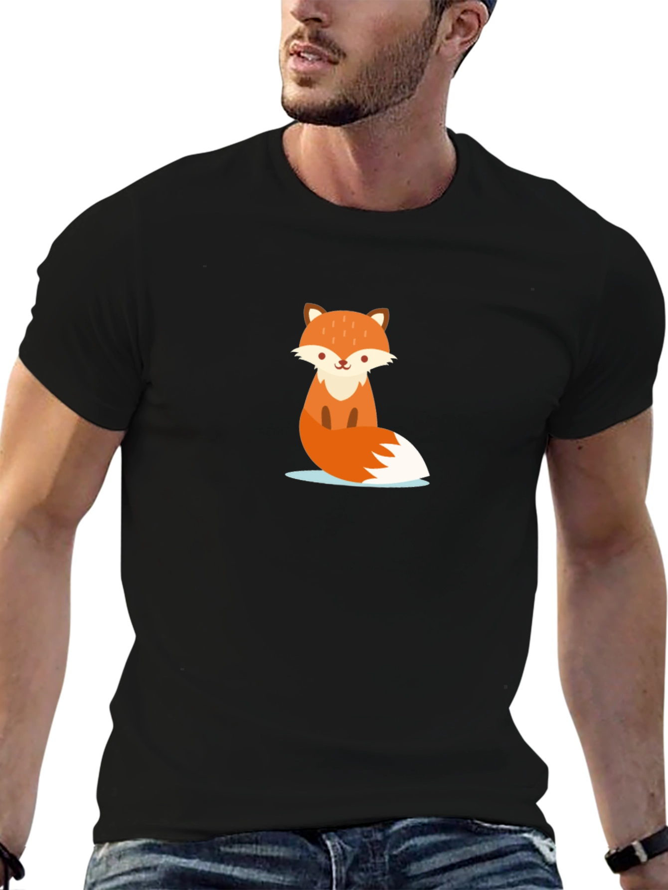 Black Cute Cartoon Fox Black T-Shirt view 6