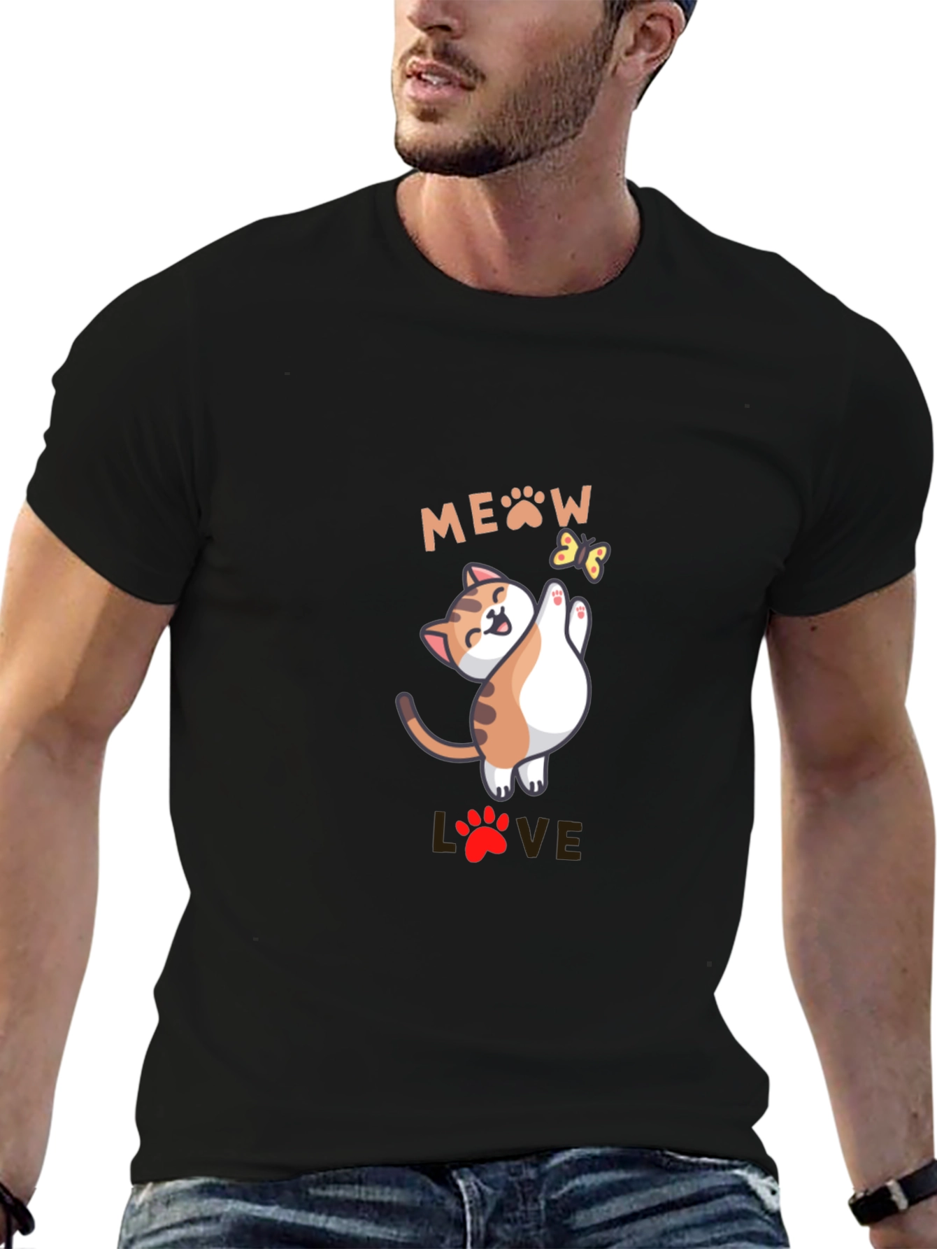 Black Cute Meow Love Cat Graphic Black T-Shirt view 6