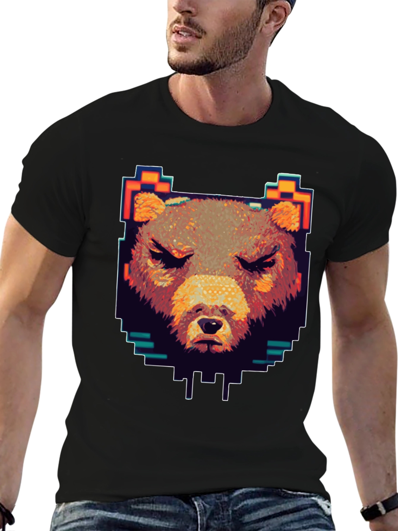 Black Pixel Bear Graphic T-Shirt - Black Crew Neck view 6