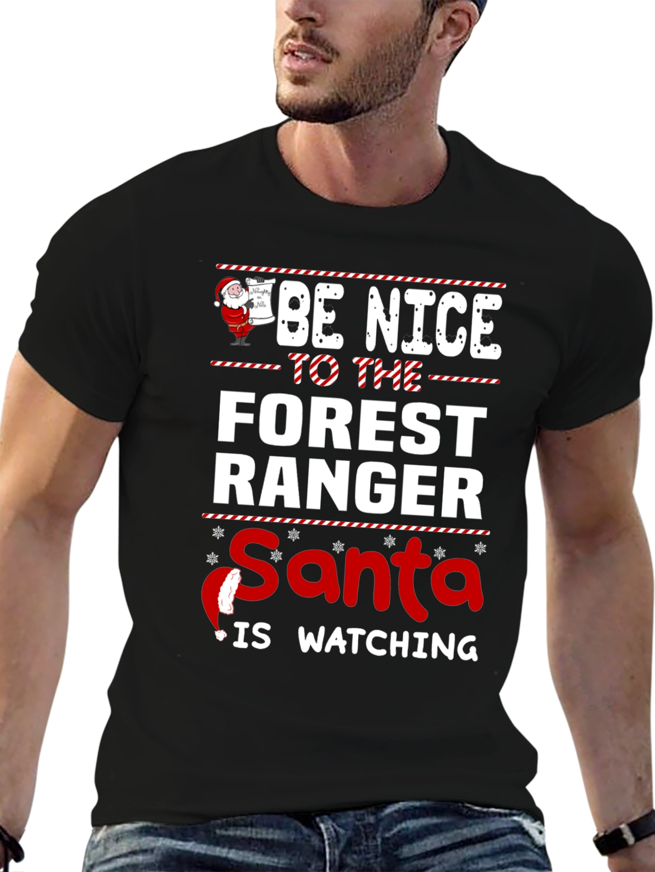 Black Be Nice to The Forest Ranger Santa T-Shirt view 6