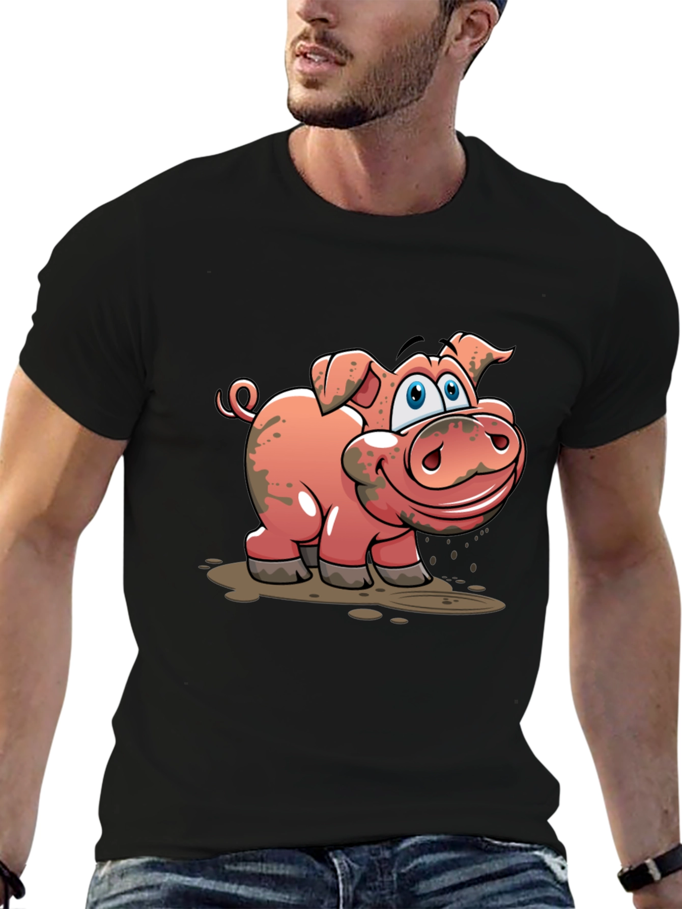 Black Muddy Pig Cartoon Graphic T-Shirt - Unisex Casual Tee view 6