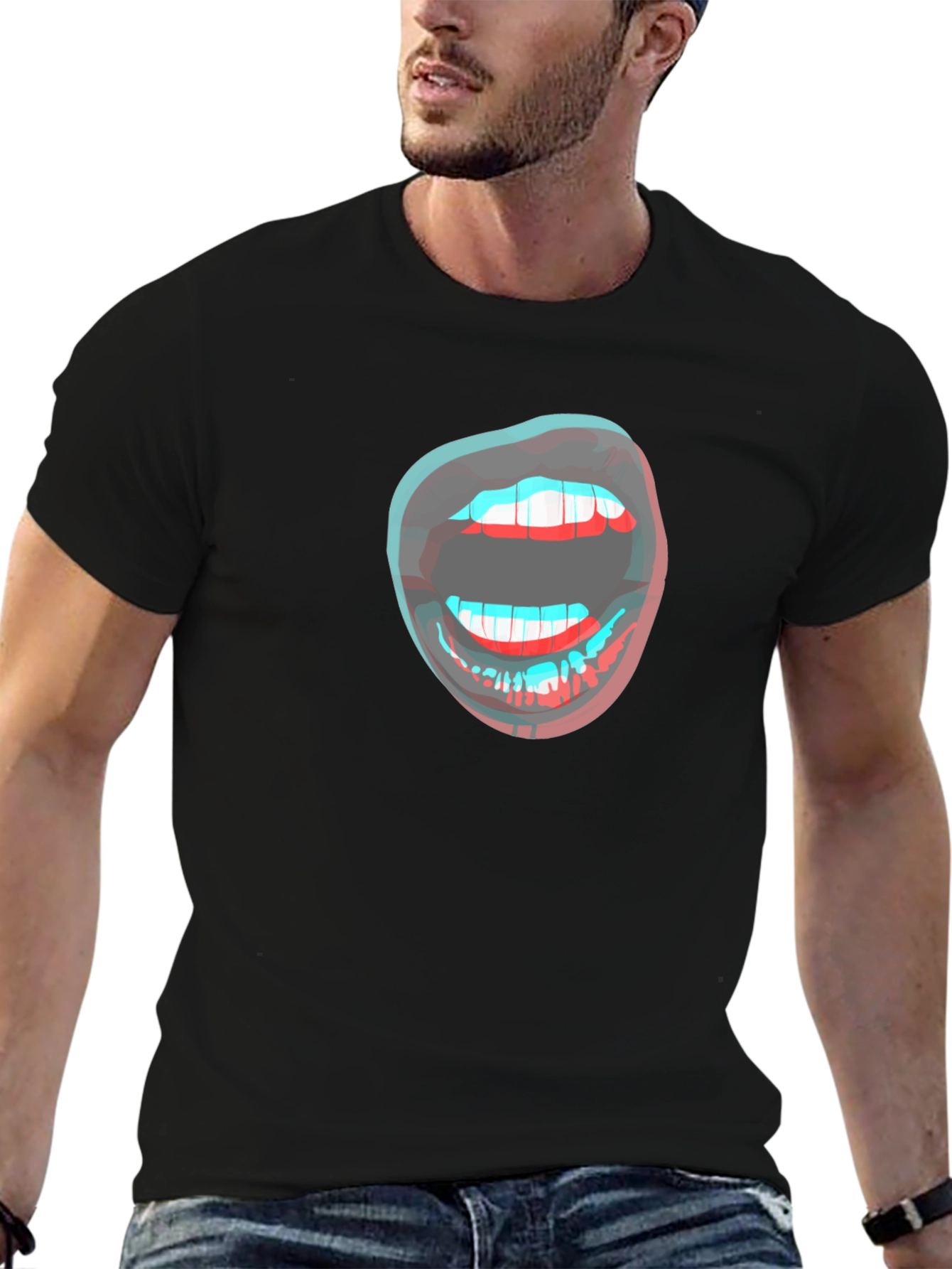 Black 3D Lips Graphic Black T-Shirt view 6