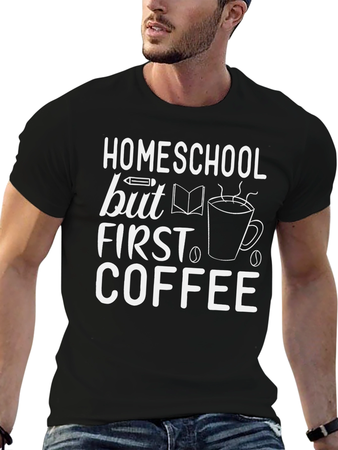 Black Homeschool But First Coffee T-Shirt view 6