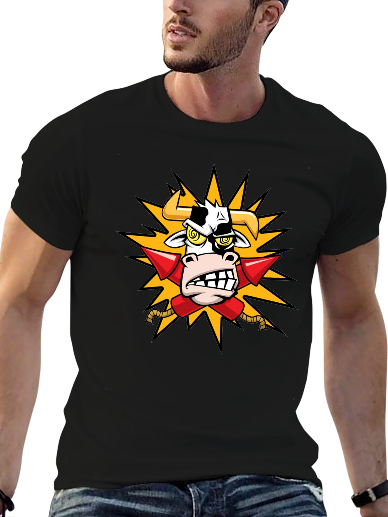 Black Cow with Rockets T-Shirt - Funny Cartoon Tee view 6