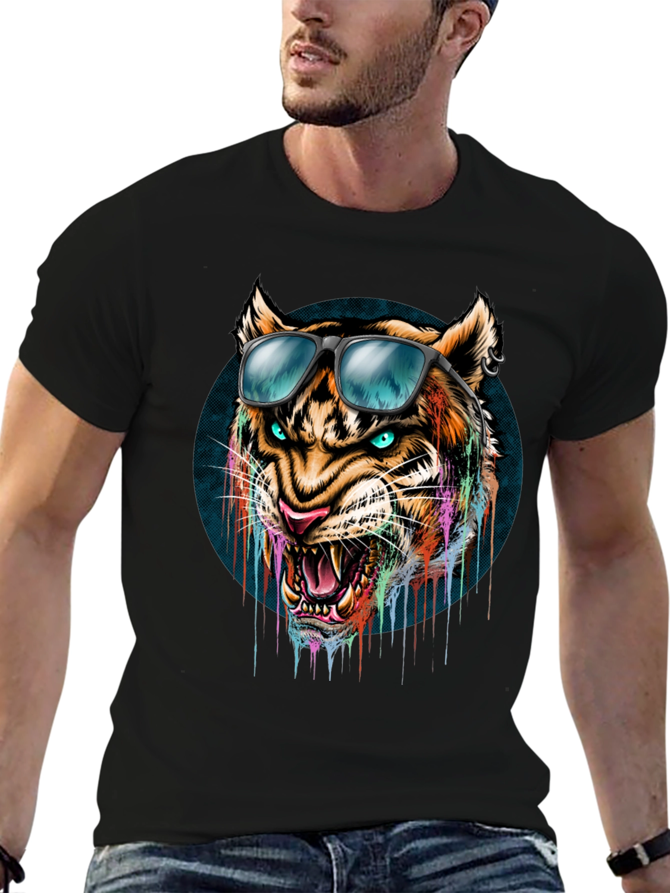 Black Cool Tiger Graphic Tee - Men's Black T-Shirt view 6