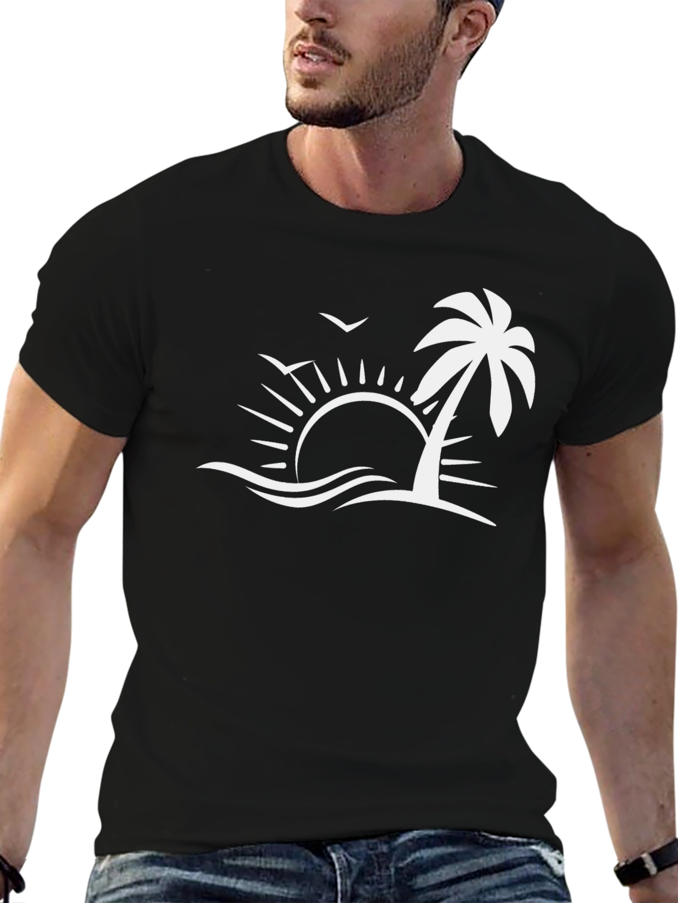 Black Tropical Palm Sunset Graphic Tee - Black view 6