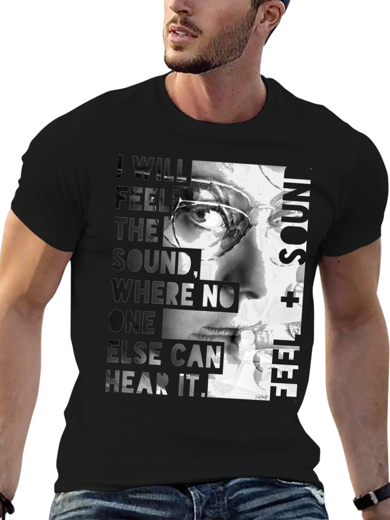 Black Artistic Graphic T-Shirt - Feel the Sound Design view 6