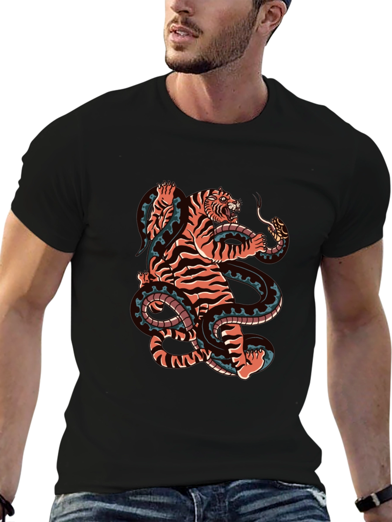 Black Tiger and Snake Graphic Black Tee view 6