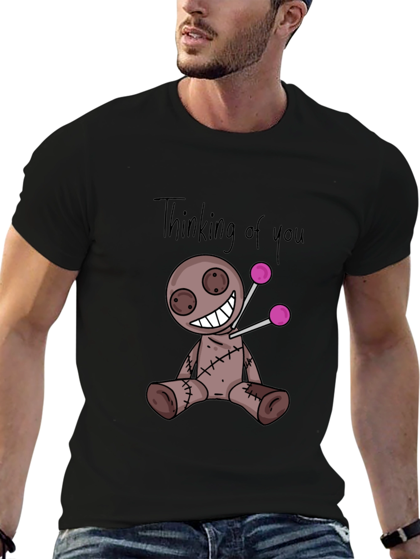 Black Thinking of You Voodoo Doll Black T-Shirt view 6