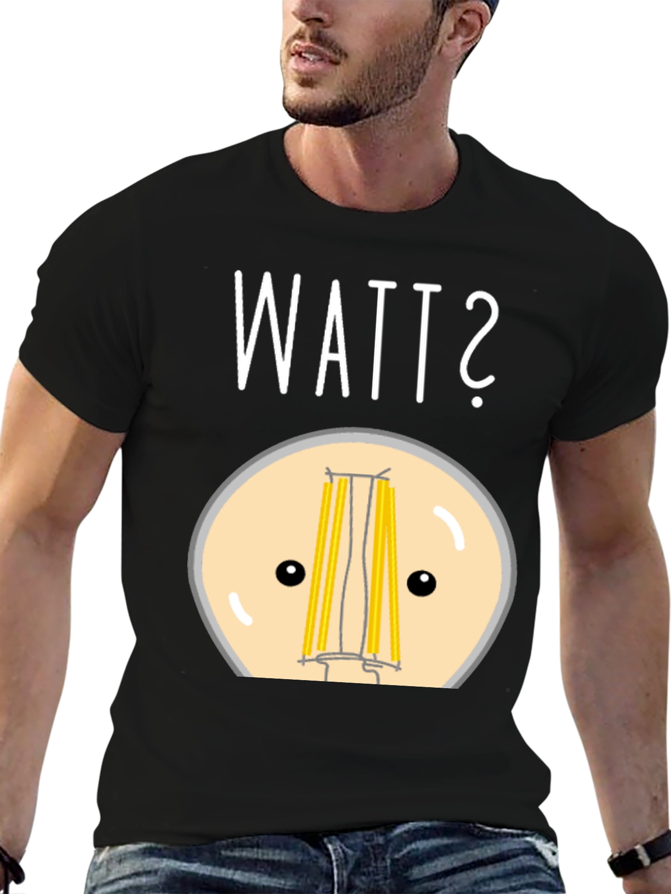 Black Watt? Pun T-Shirt - Funny Light Bulb Design view 6