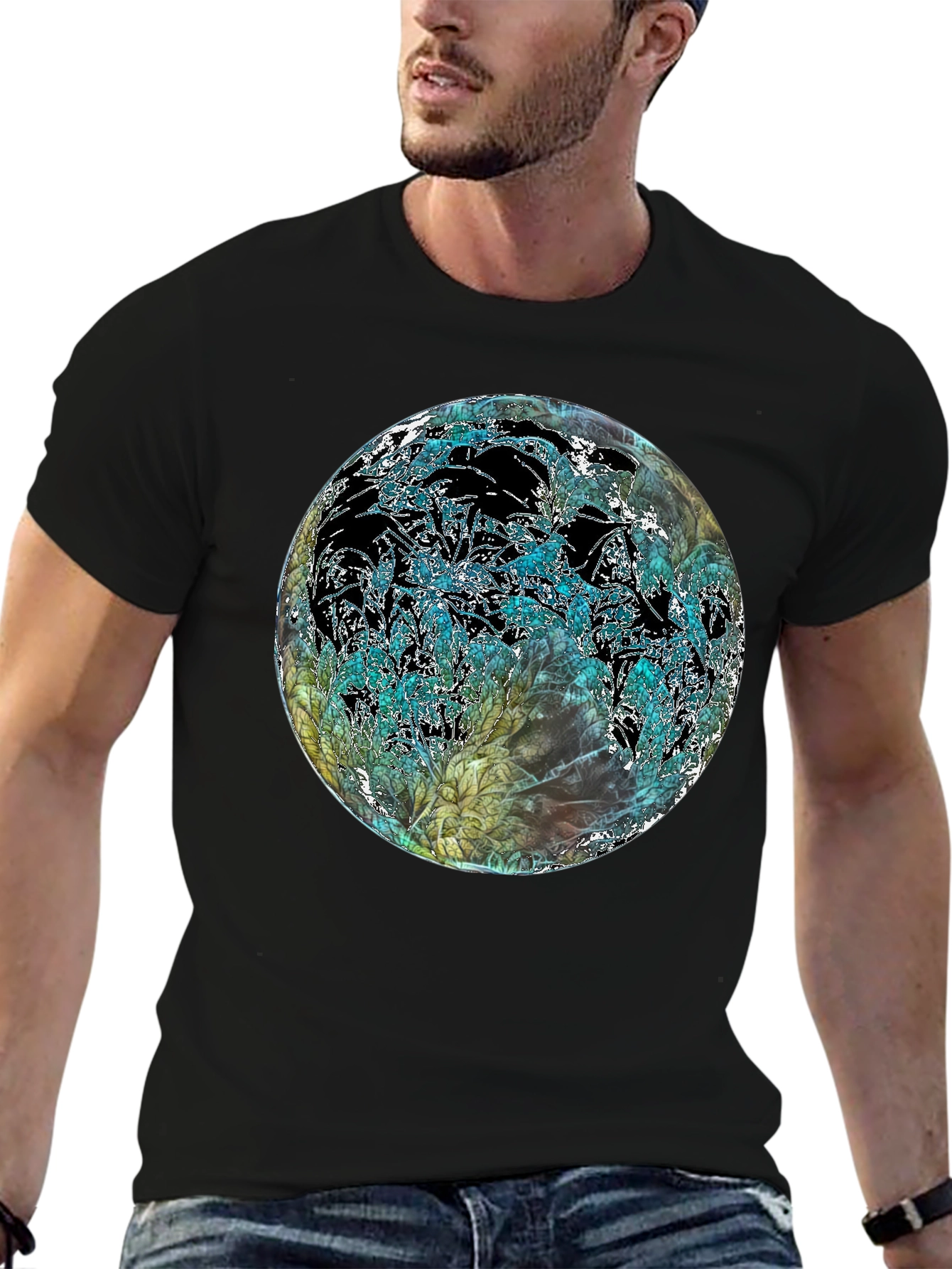 Black Abstract Floral Globe Black T-Shirt view 6