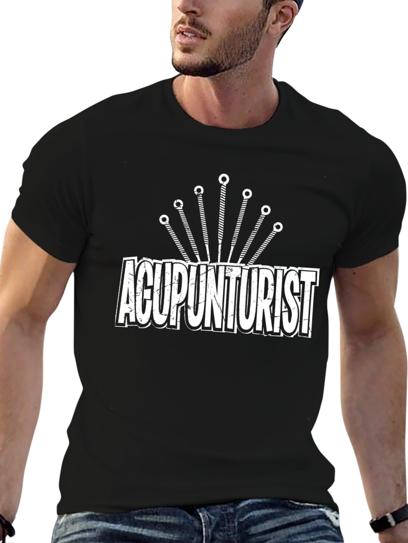 Black Acupuncturist Graphic Tee - Novelty Black Cotton T-Shirt view 6