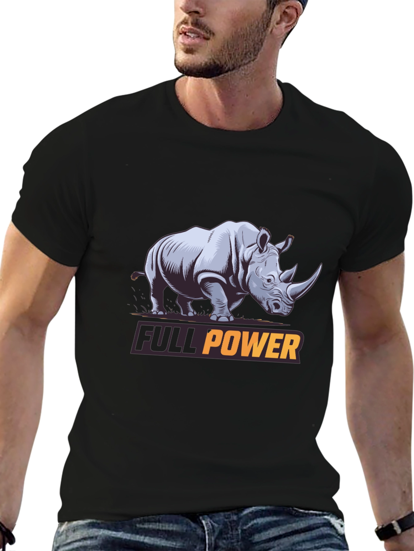 Black Full Power Rhino Graphic Tee - Black Cotton T-Shirt view 6