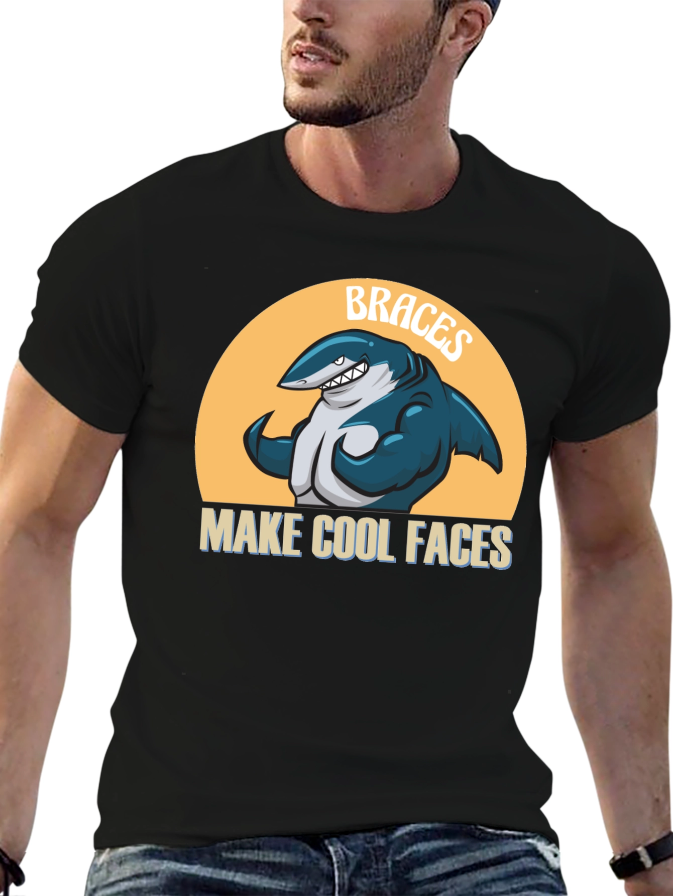 Black Braces Make Cool Faces T-Shirt Funny Shark Tee view 6