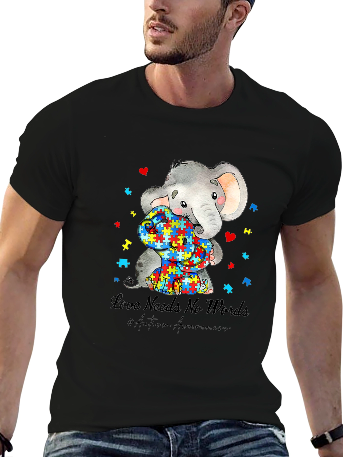 Black Autism Awareness Elephant Love Needs No Words T-Shirt view 6