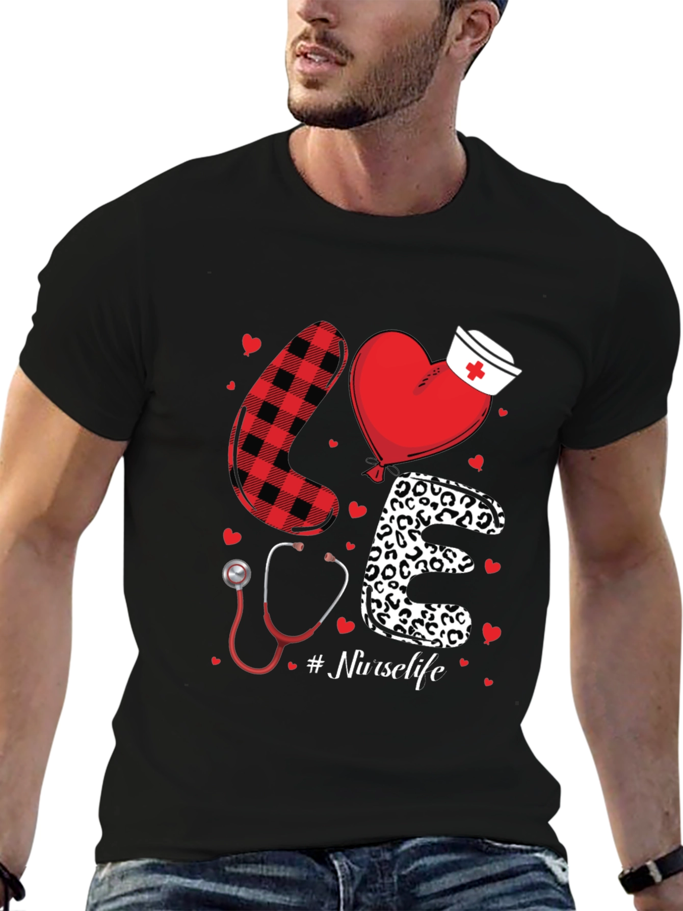 Black Nurse Life Love Graphic T-Shirt - Heart, Stethoscope, Pattern Design view 6