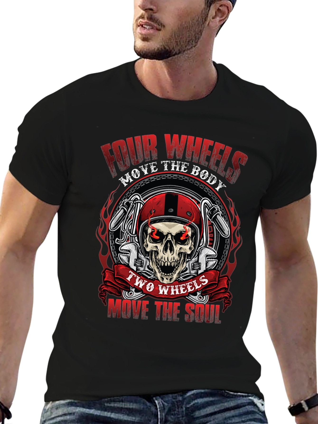 Black Motorcycle Skull Graphic Tee - Four Wheels, Two Wheels view 6