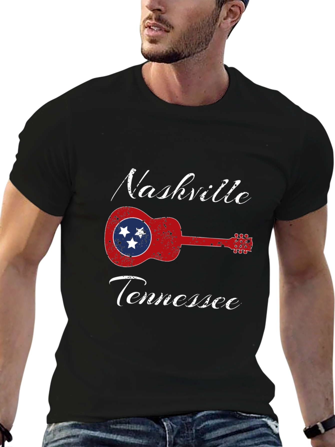 Black Nashville Tennessee Guitar T-Shirt view 6
