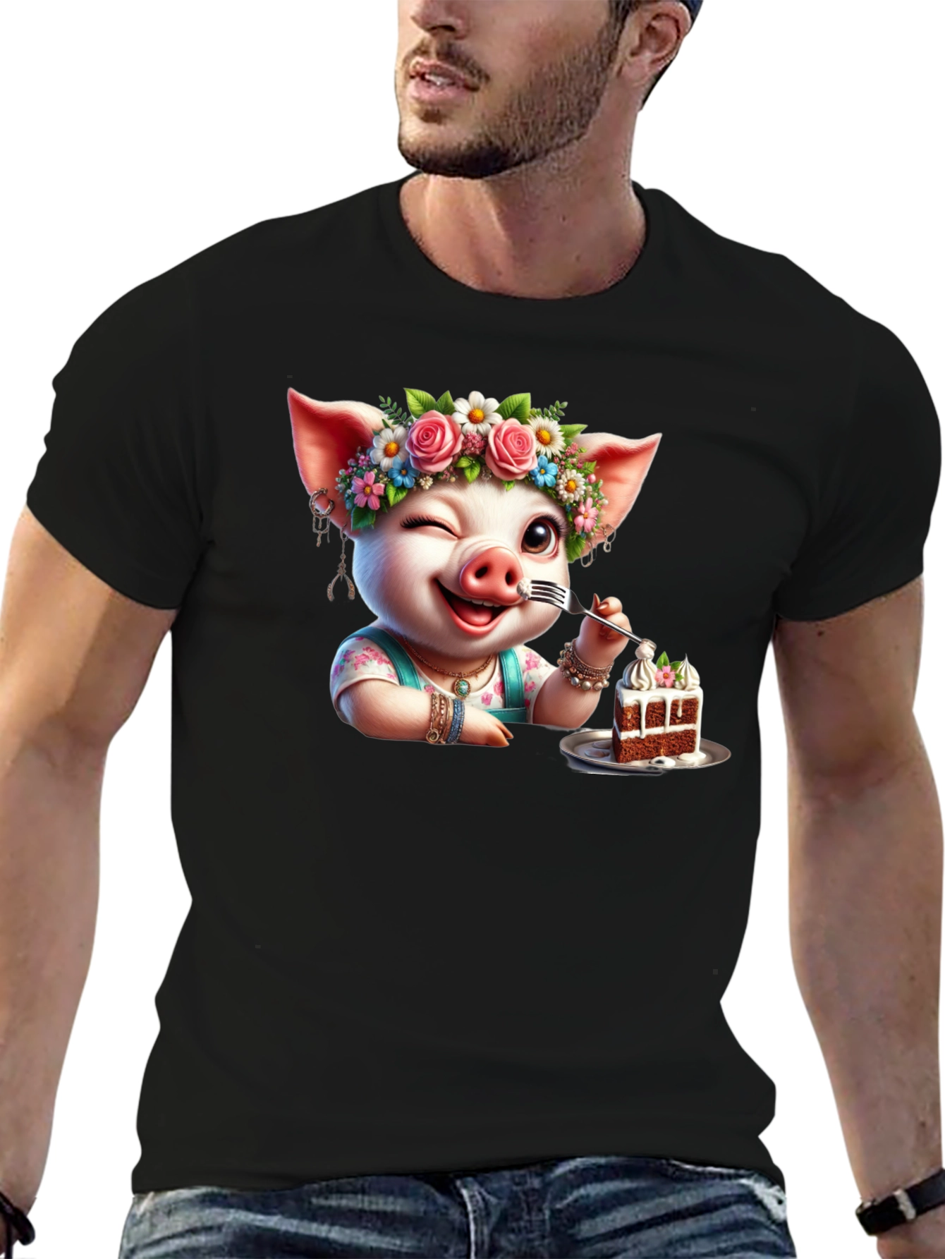 Black Pig with Flowers & Cake T-Shirt - Unisex view 6