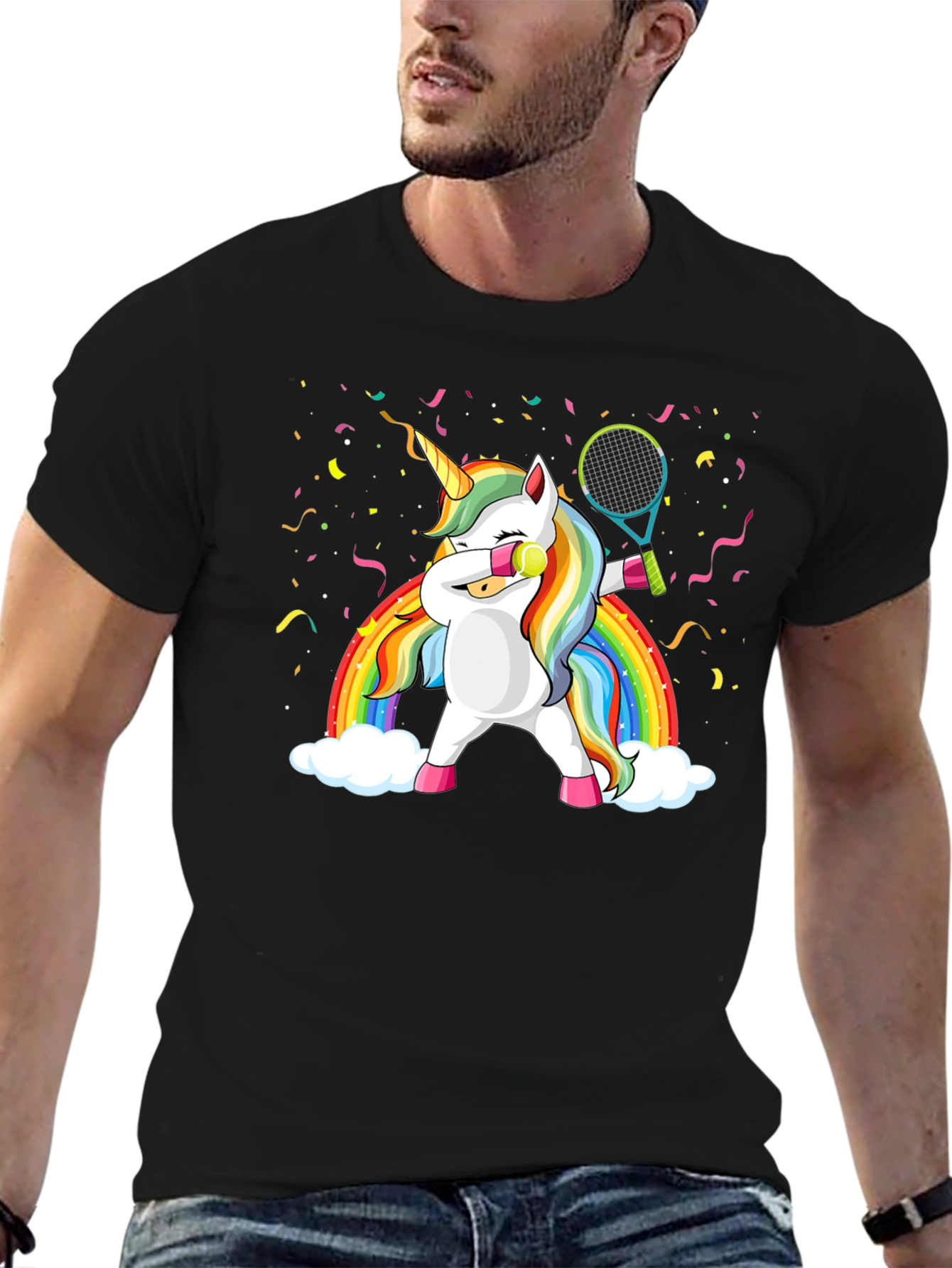 Black Dabbing Unicorn Tennis Rainbow Graphic T-Shirt view 6