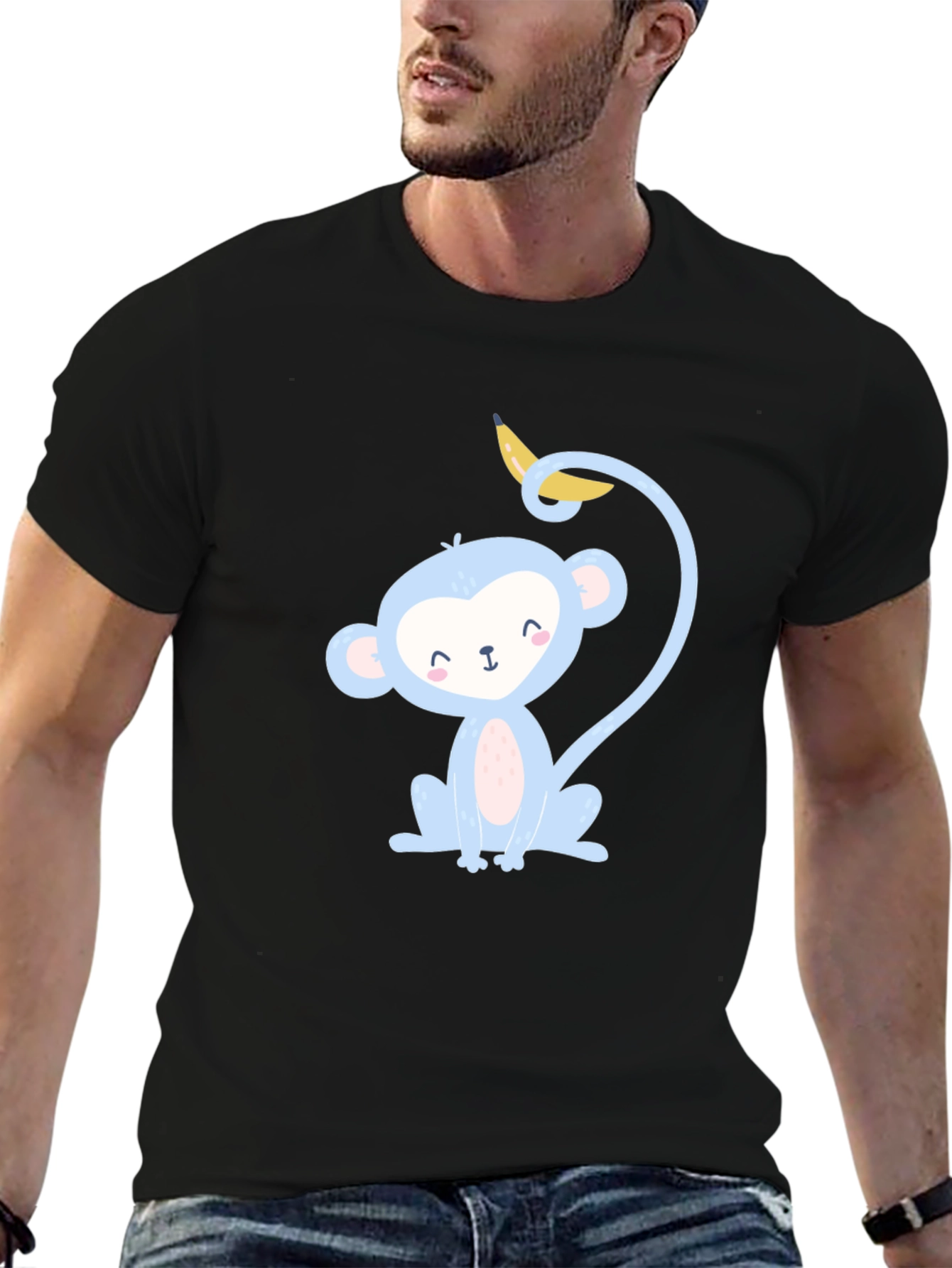 Black Cute Monkey Banana T-Shirt -  Playful Cartoon Graphic Tee view 6