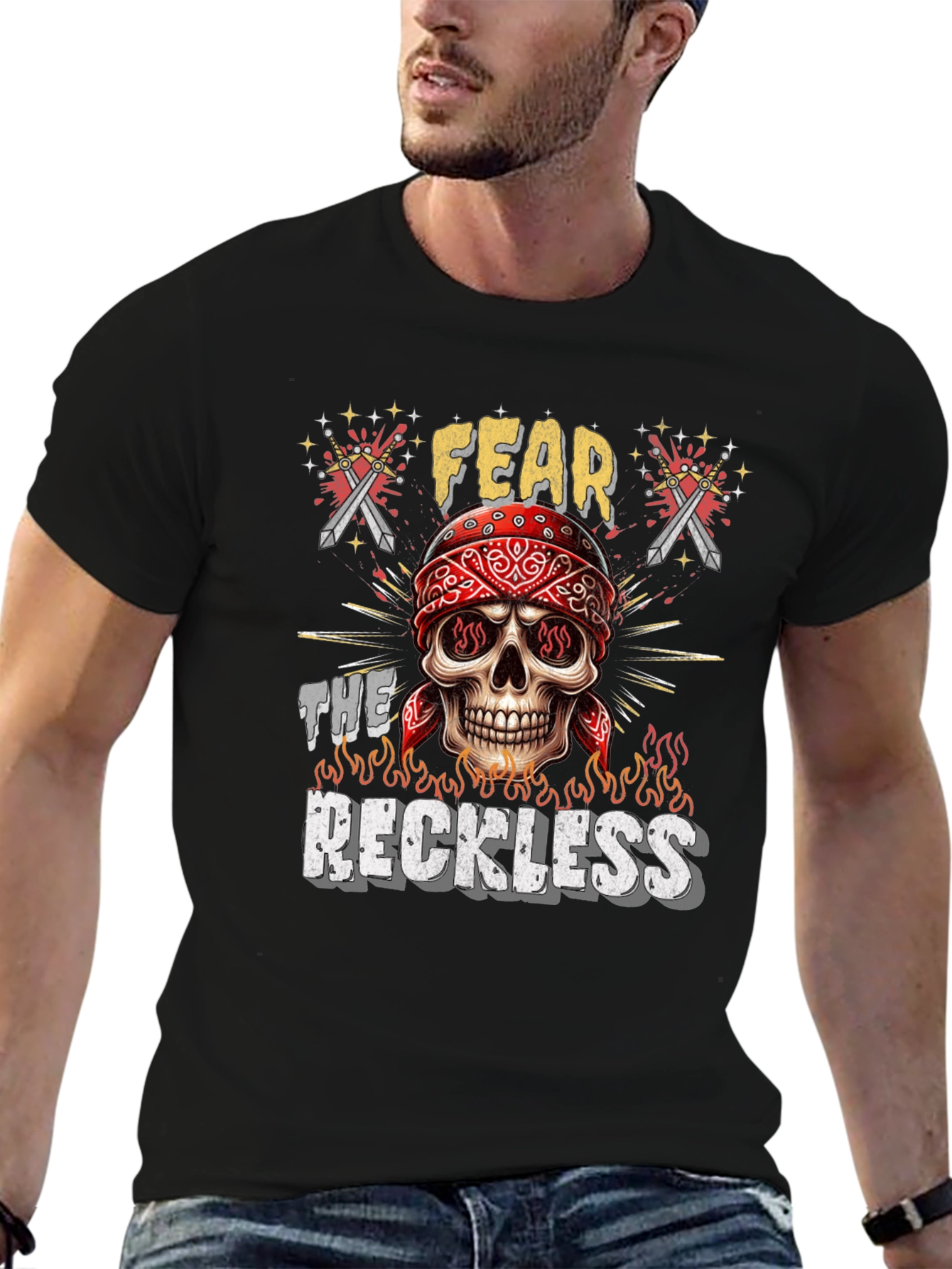 Black Fear the Reckless Skull Graphic Tee - Black Cotton T-Shirt view 6