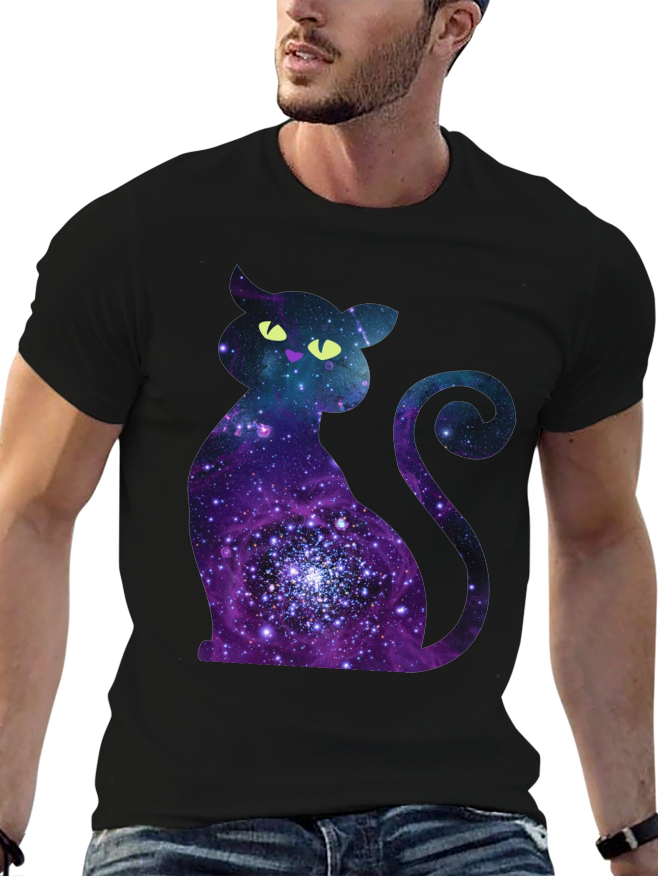 Black Galaxy Cat Graphic Print Crew Neck T-Shirt view 6