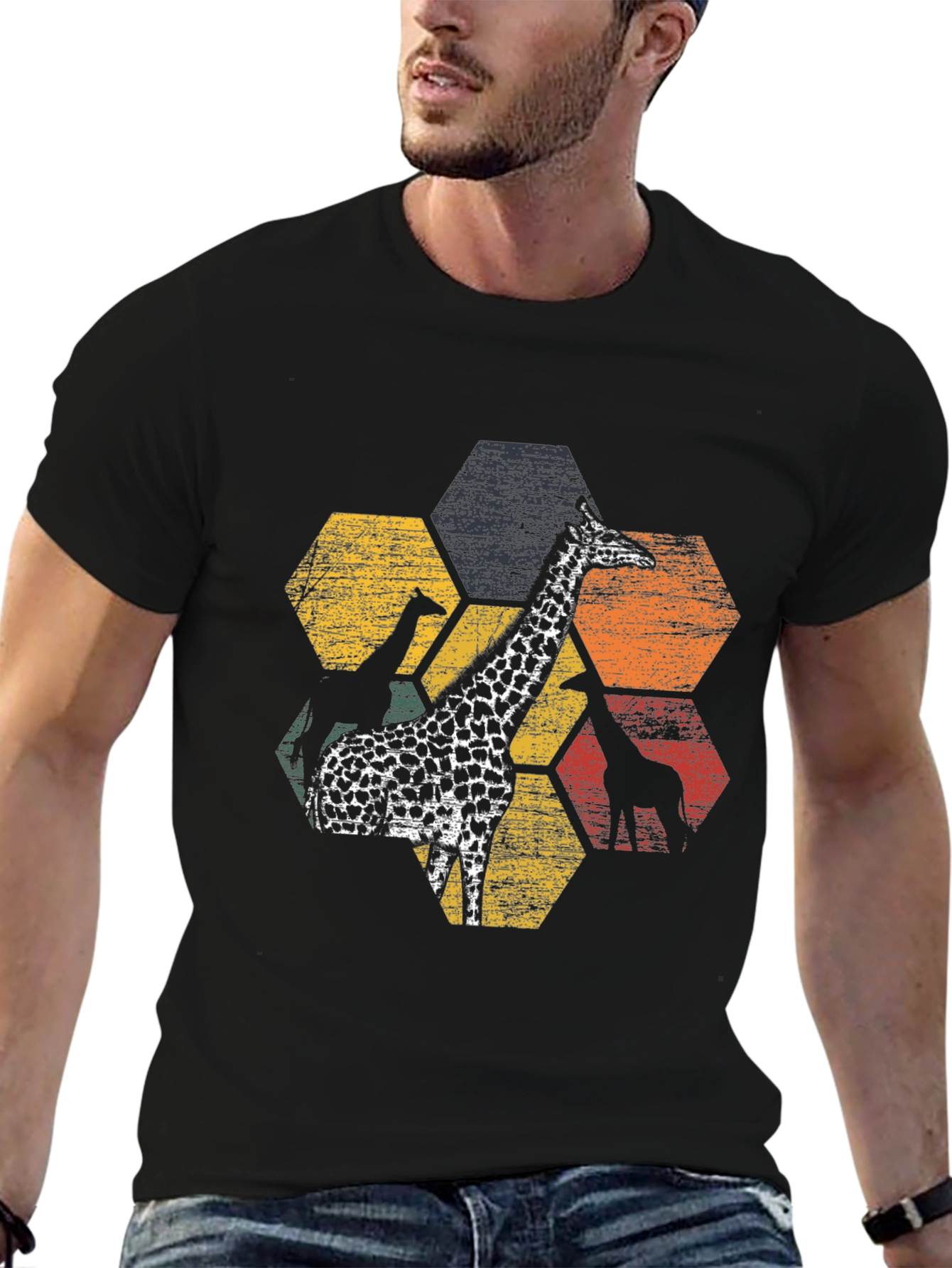 Black Giraffe Hexagon Graphic Tee - Black Cotton Blend view 6