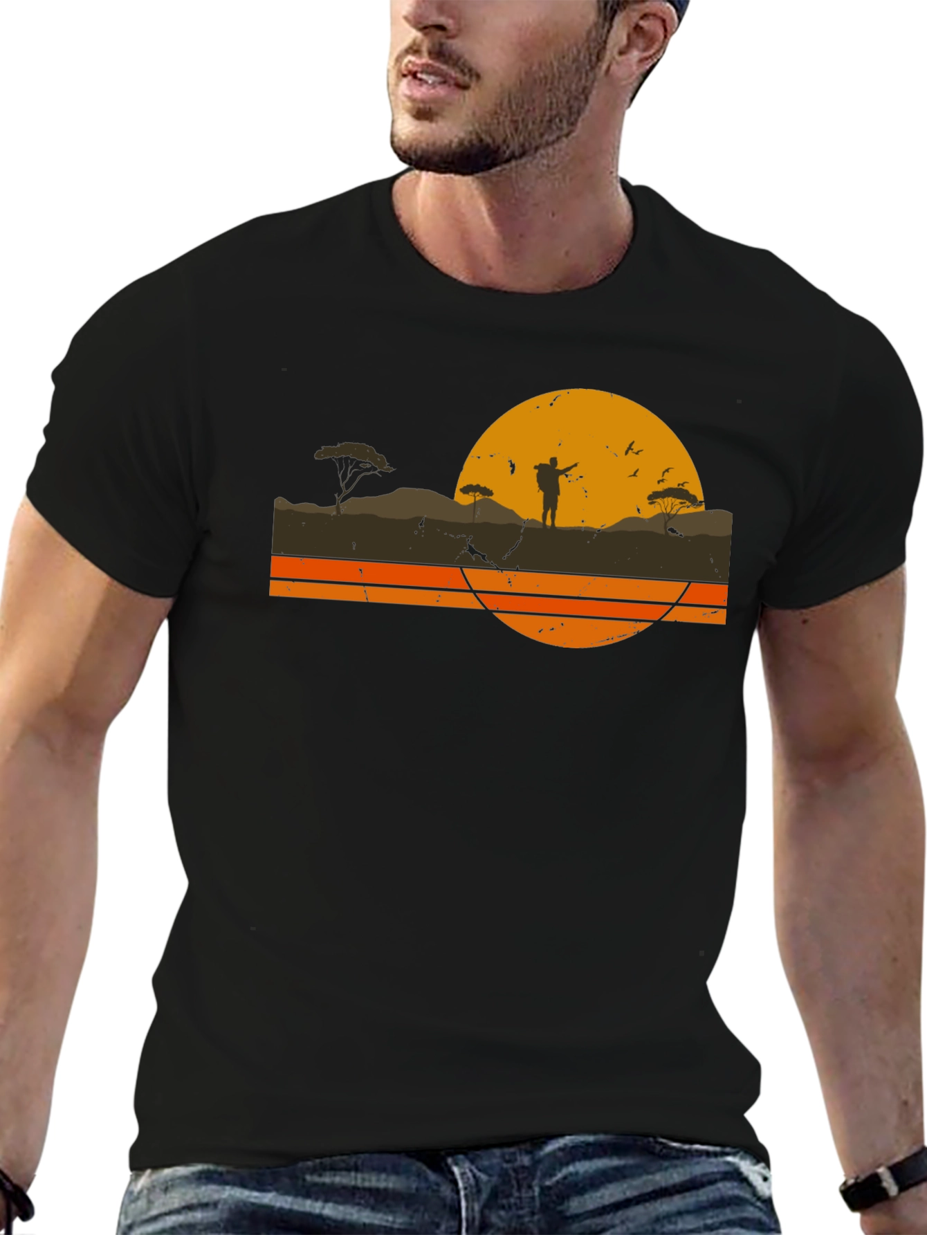 Black Retro Sunset Hiker Graphic T-Shirt view 6