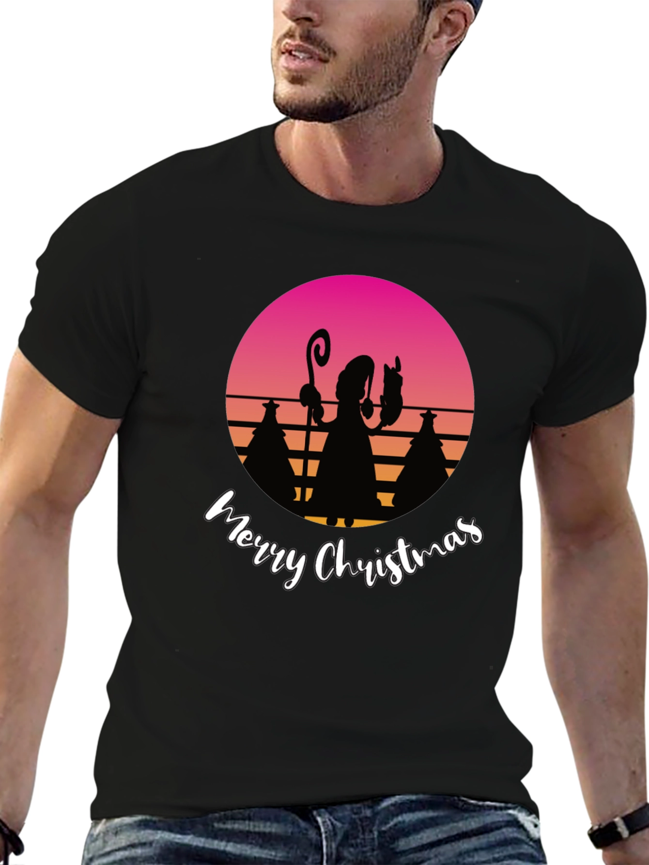 Black Retro Christmas Silhouette T-Shirt view 6