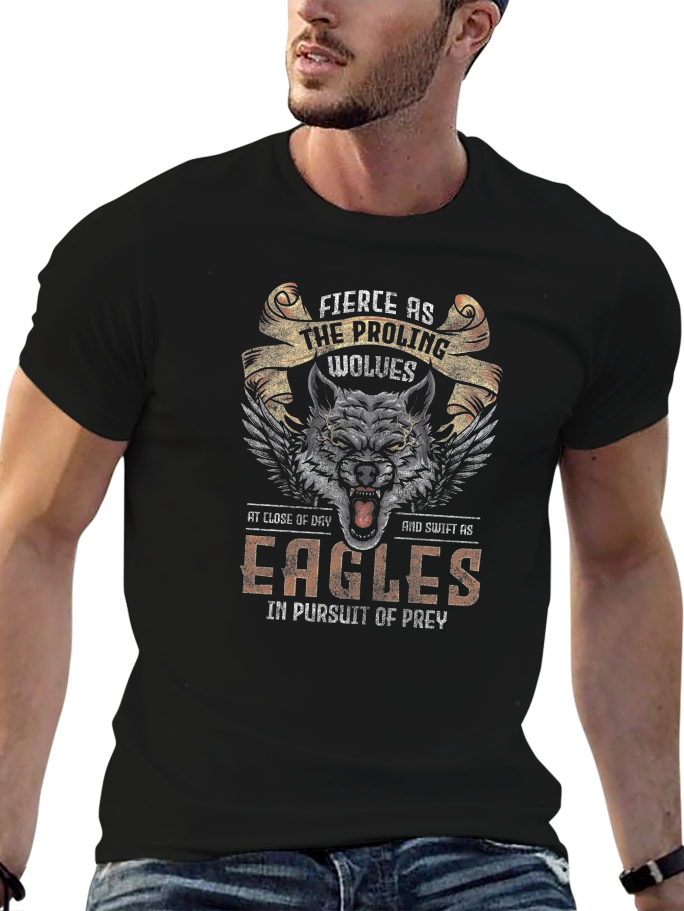 Black Fierce Wolves & Eagles Graphic T-Shirt view 6
