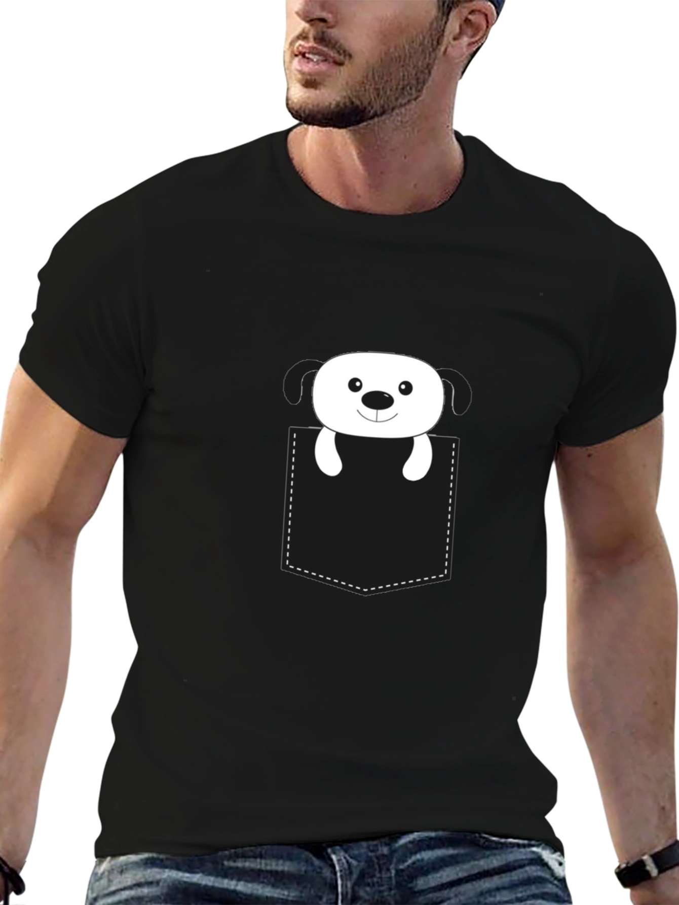 Black Cute Dog in Pocket Black T-Shirt view 6