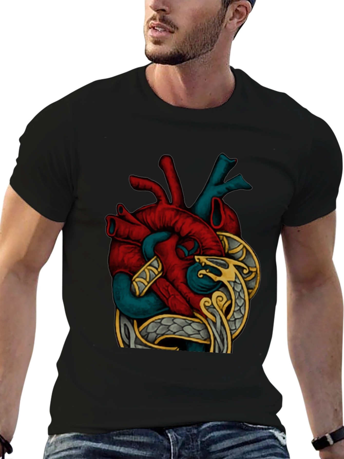 Black Anatomic Heart Snake Graphic T-Shirt view 6