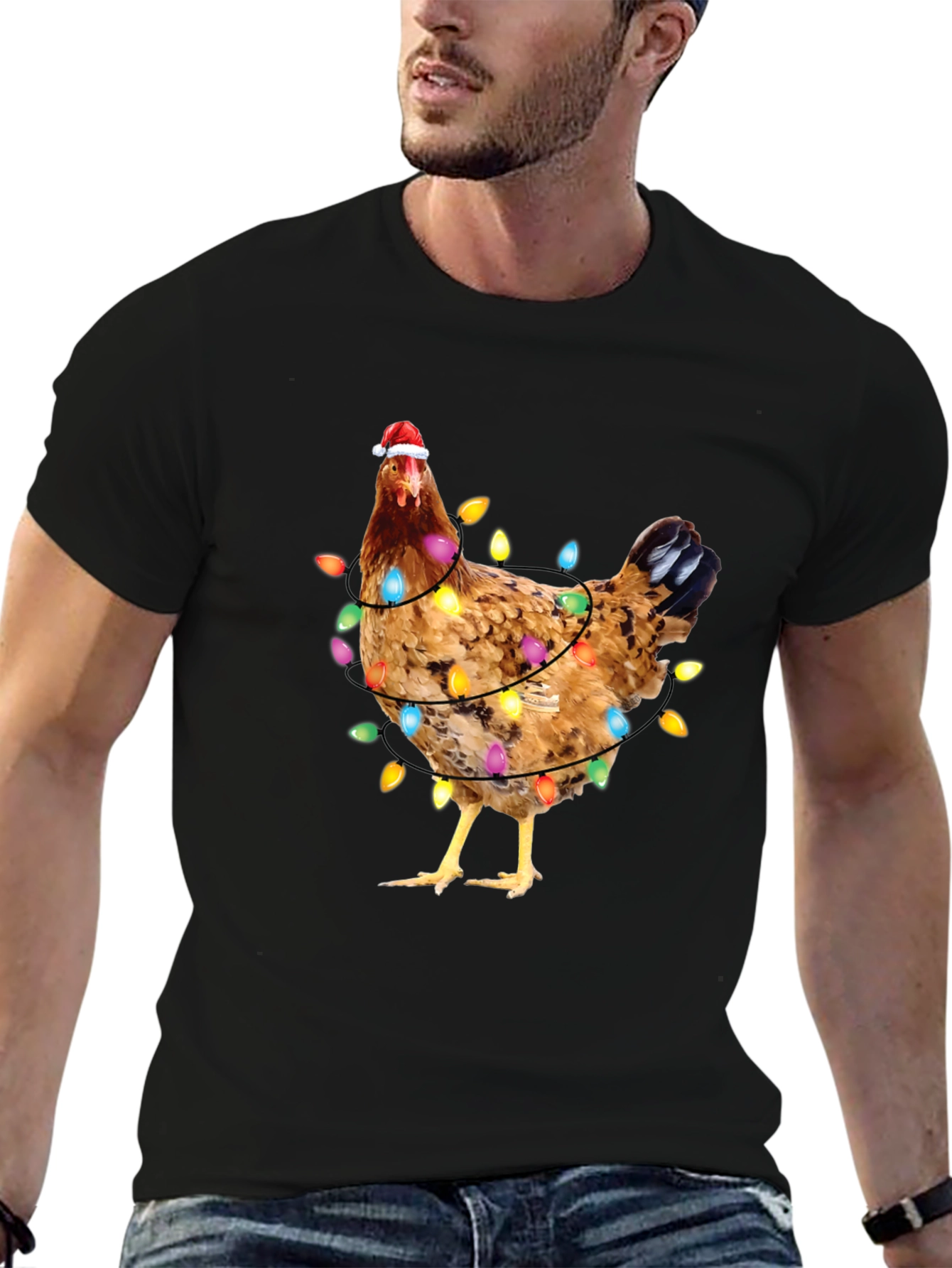Black Festive Chicken Christmas Lights Graphic Tee view 6