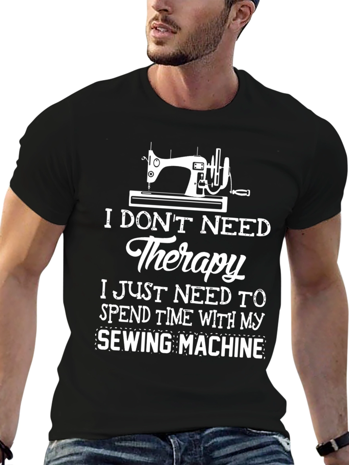 Black Sewing Machine Therapy T-Shirt view 6