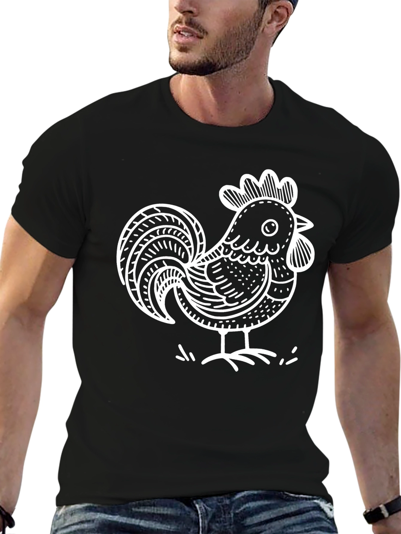 Black Cool Rooster Graphic Print Black T-Shirt view 6