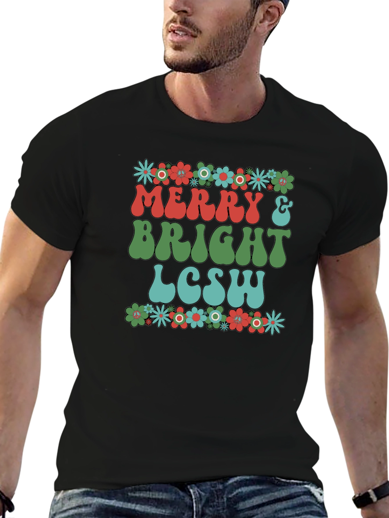 Black Merry & Bright LCSW T-Shirt - Floral Design view 6