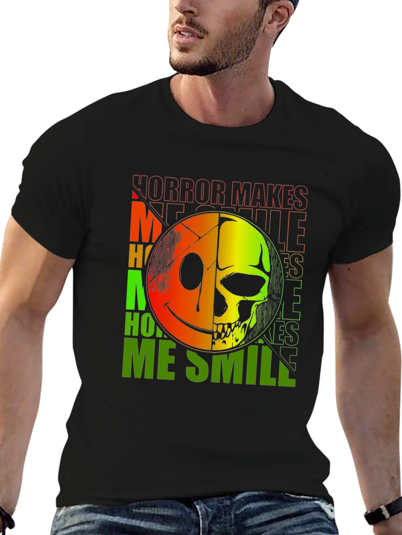 Black Horror Makes Me Smile T-Shirt - Half Smile, Half Skull view 6