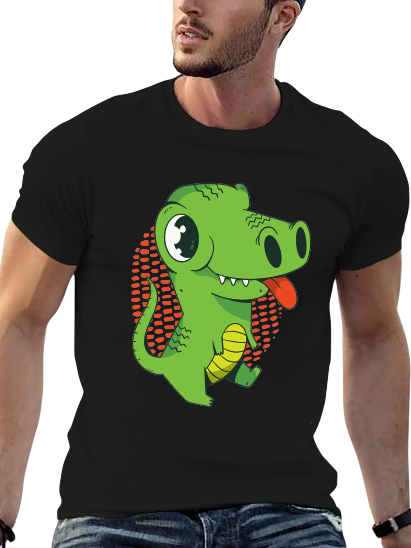 Black Cartoon Crocodile Graphic T-Shirt - Black Cotton Tee view 6