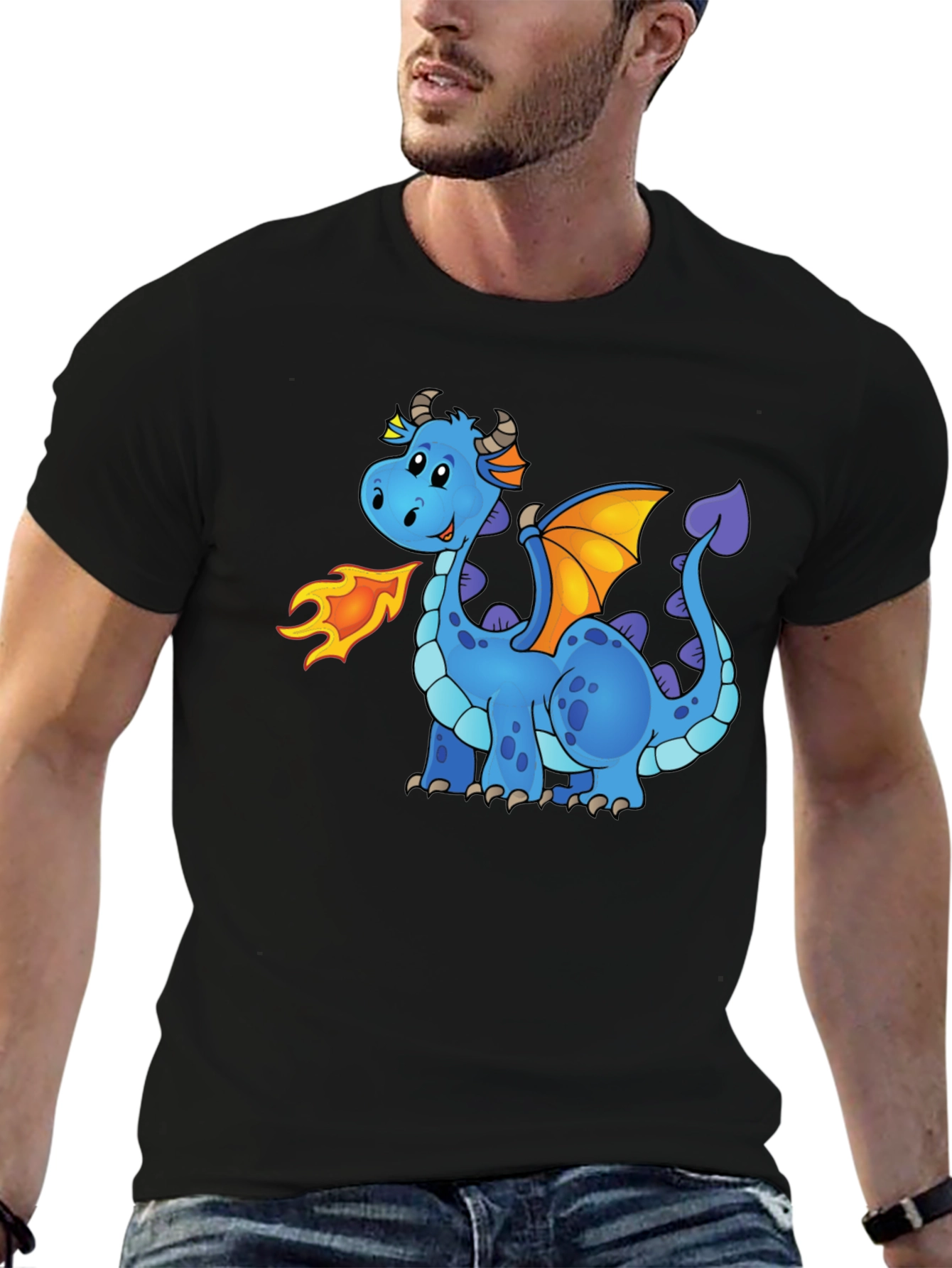 Black Cute Cartoon Dragon Graphic Tee - Unisex Black T-Shirt view 6