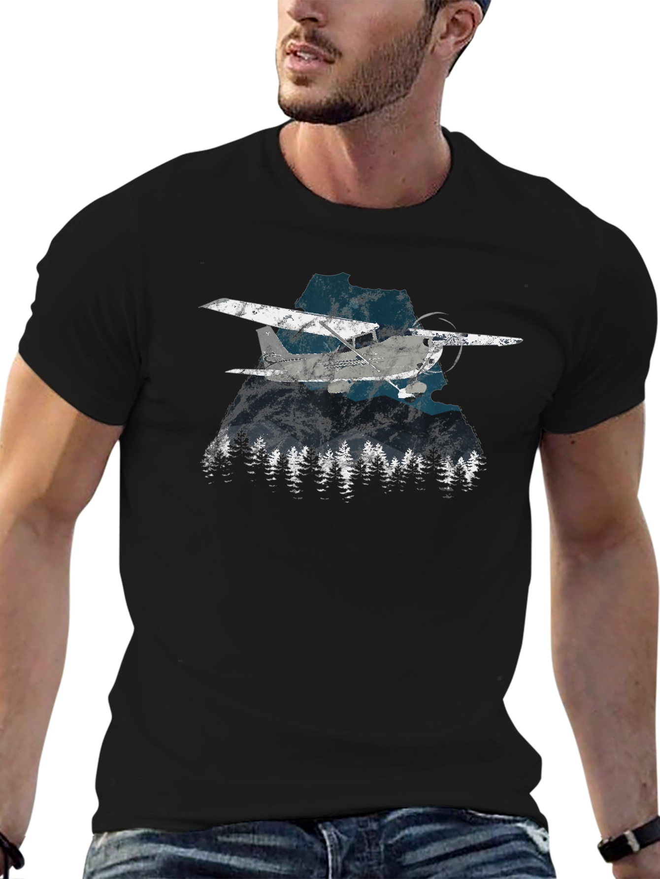 Black Vintage Airplane & Mountains Graphic Tee - Black view 6