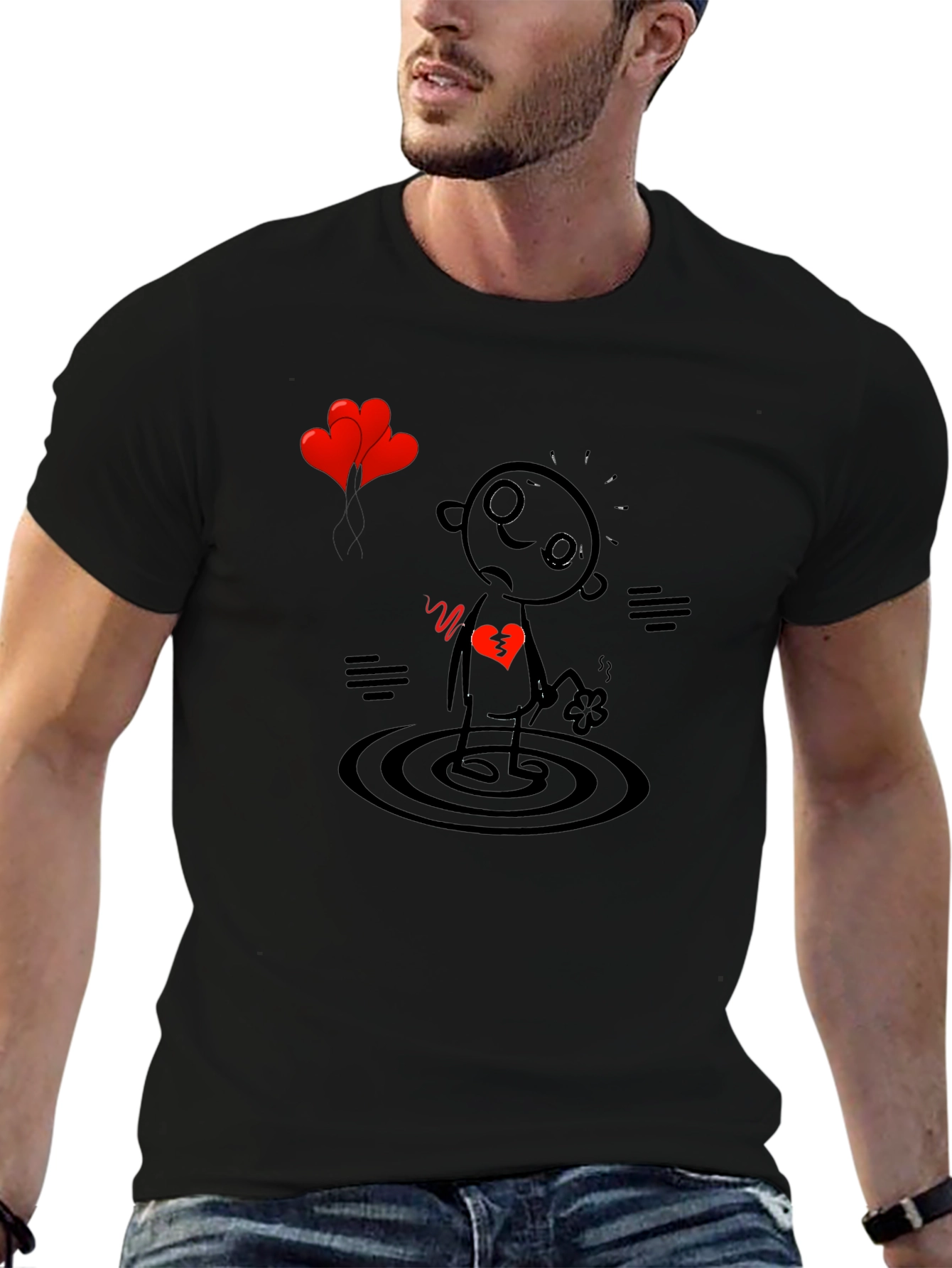 Black Heartbroken Stick Figure T-Shirt - Sad Cartoon Tee view 6