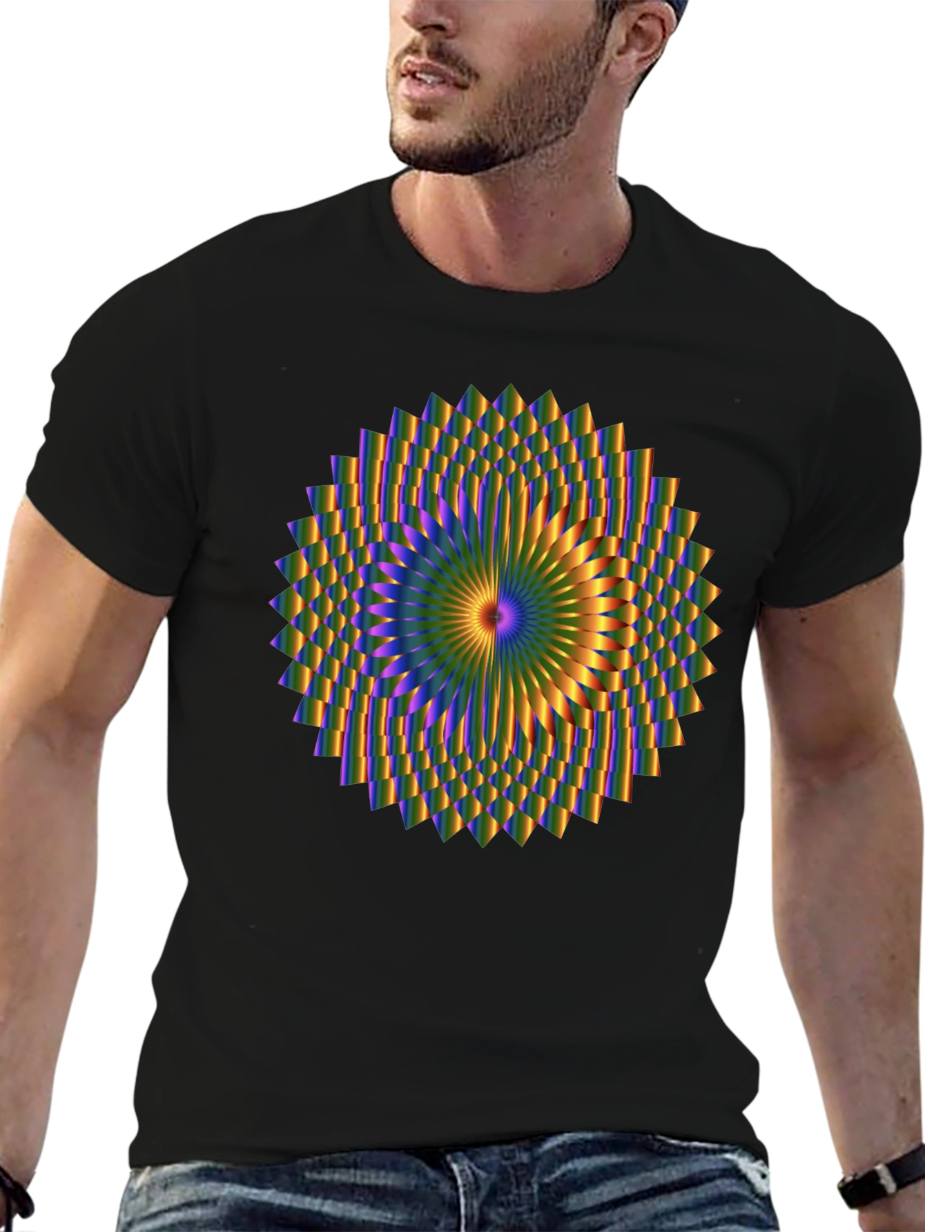 Black Optical Illusion Mandala Graphic Black T-Shirt view 6